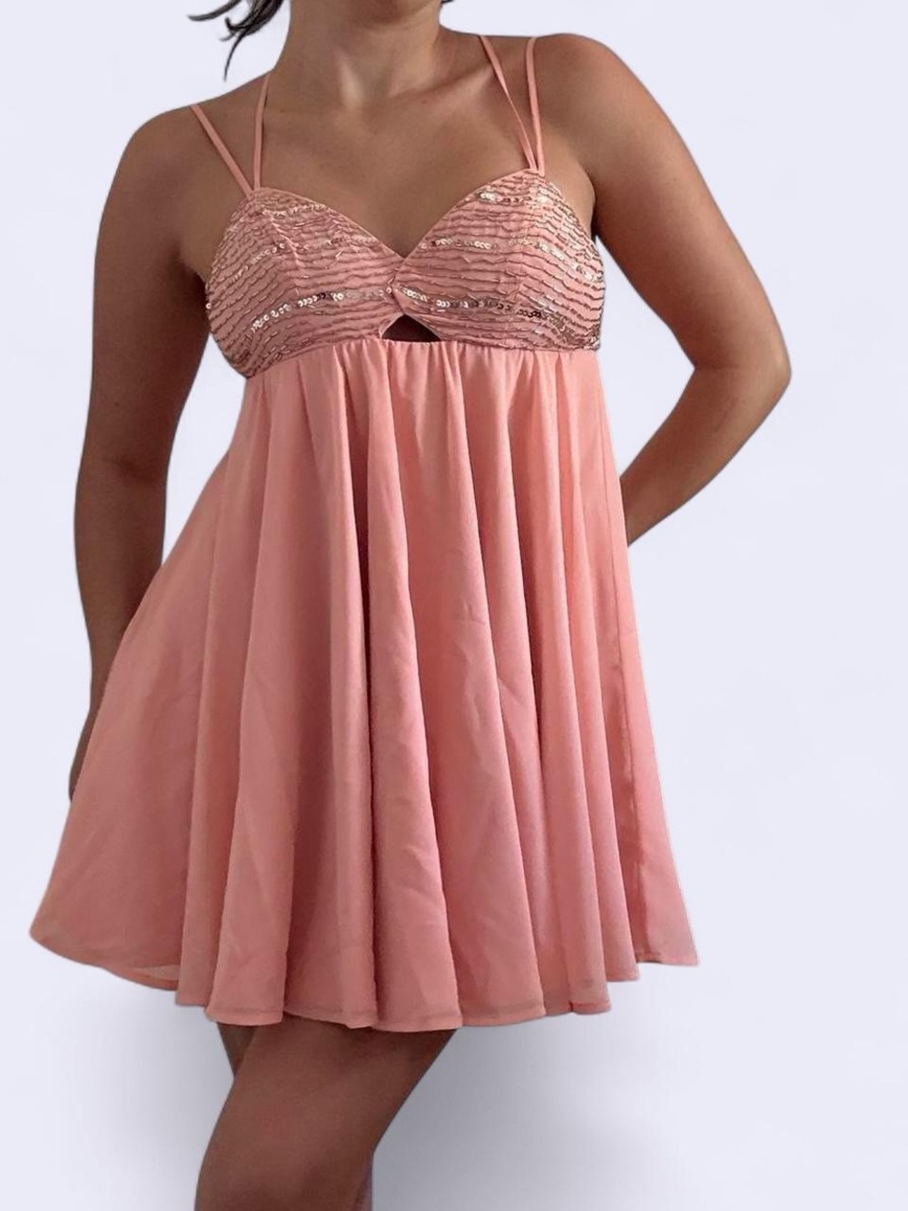 Bebe vintage Sequin Bust Pink Mini Dress with Spaghetti Straps